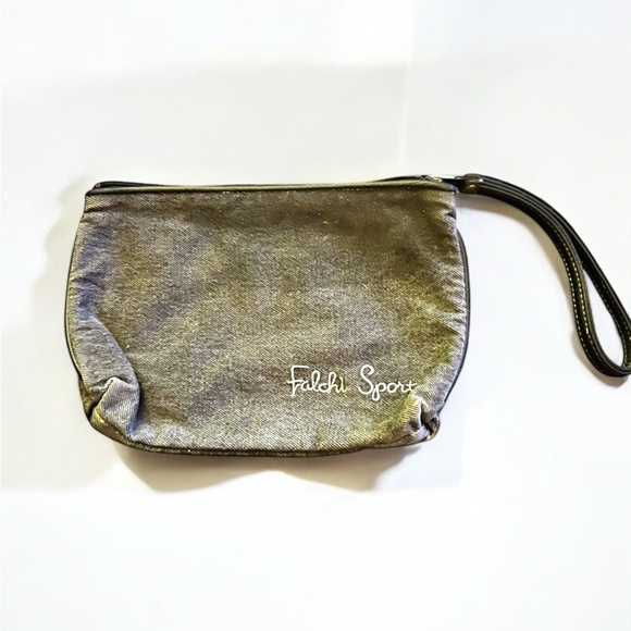 Vintage Carlos Falchi Sport Black Gray Denim Makeup Bag or Wristlet - Picture 1 of 2